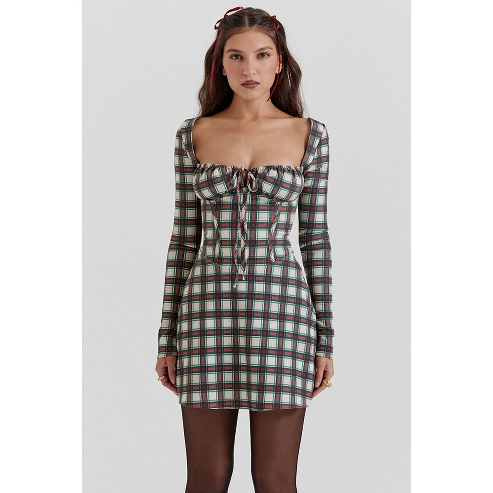 House of CB Malika Red Tartan Corset Mini Dress‎ Size Medium NWT
